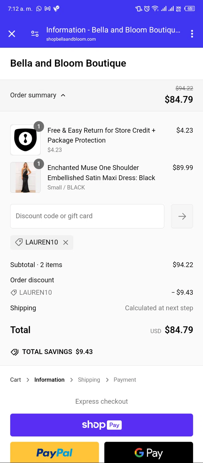 Bella and Bloom discount code screenshot showing code LAUREN10 applied at Bella and Bloom checkout page. Uploaded by SimplyCodes community member RewardShopper2869 on Feb 17, 2025