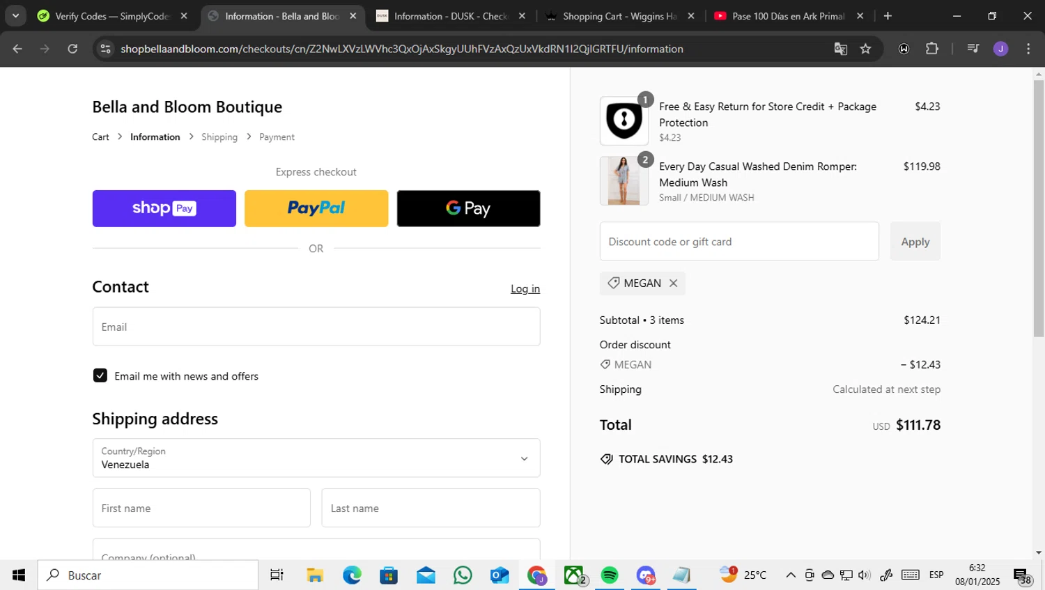 Bella and Bloom discount code screenshot showing code MEGAN applied at Bella and Bloom checkout page. Uploaded by SimplyCodes community member ENCARAMESSI on Jan 8, 2025