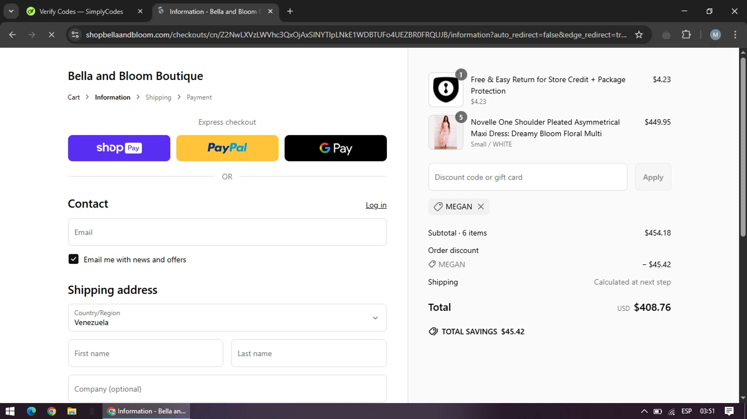 Bella and Bloom discount code screenshot showing code MEGAN applied at Bella and Bloom checkout page. Uploaded by SimplyCodes community member maraxo on Apr 28, 2025