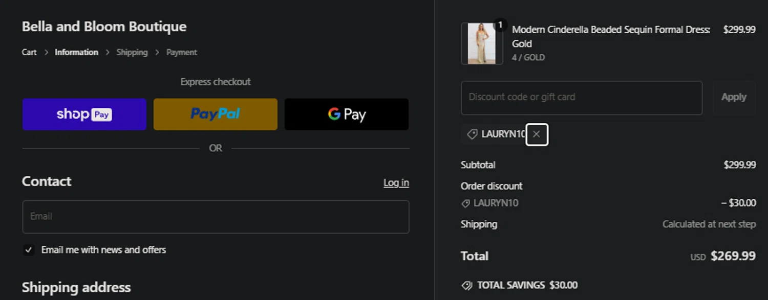 Bella and Bloom discount code screenshot showing code LAURYN10 applied at Bella and Bloom checkout page. Uploaded by SimplyCodes community member SpiderGwen on Feb 17, 2025