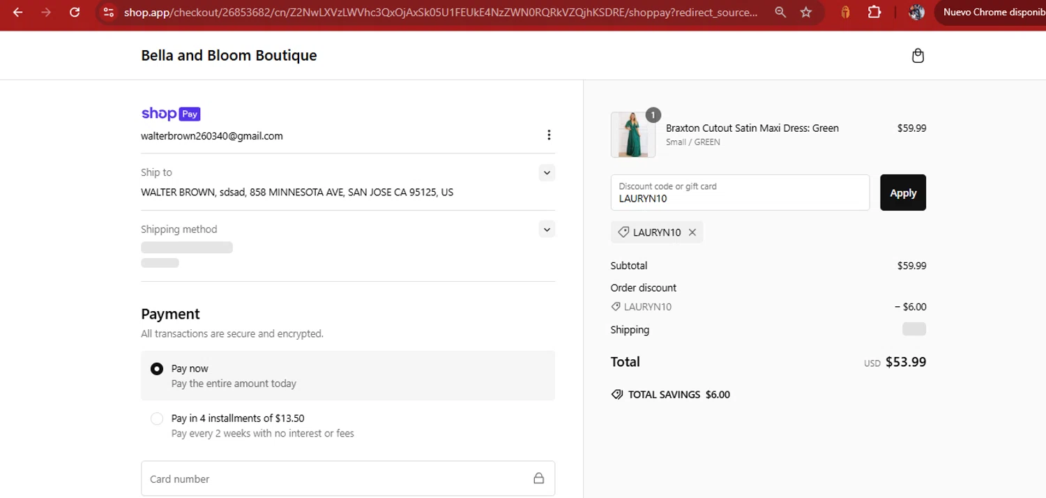 Bella and Bloom discount code screenshot showing code LAURYN10 applied at Bella and Bloom checkout page. Uploaded by SimplyCodes community member kimberlinmartinez on Feb 17, 2025