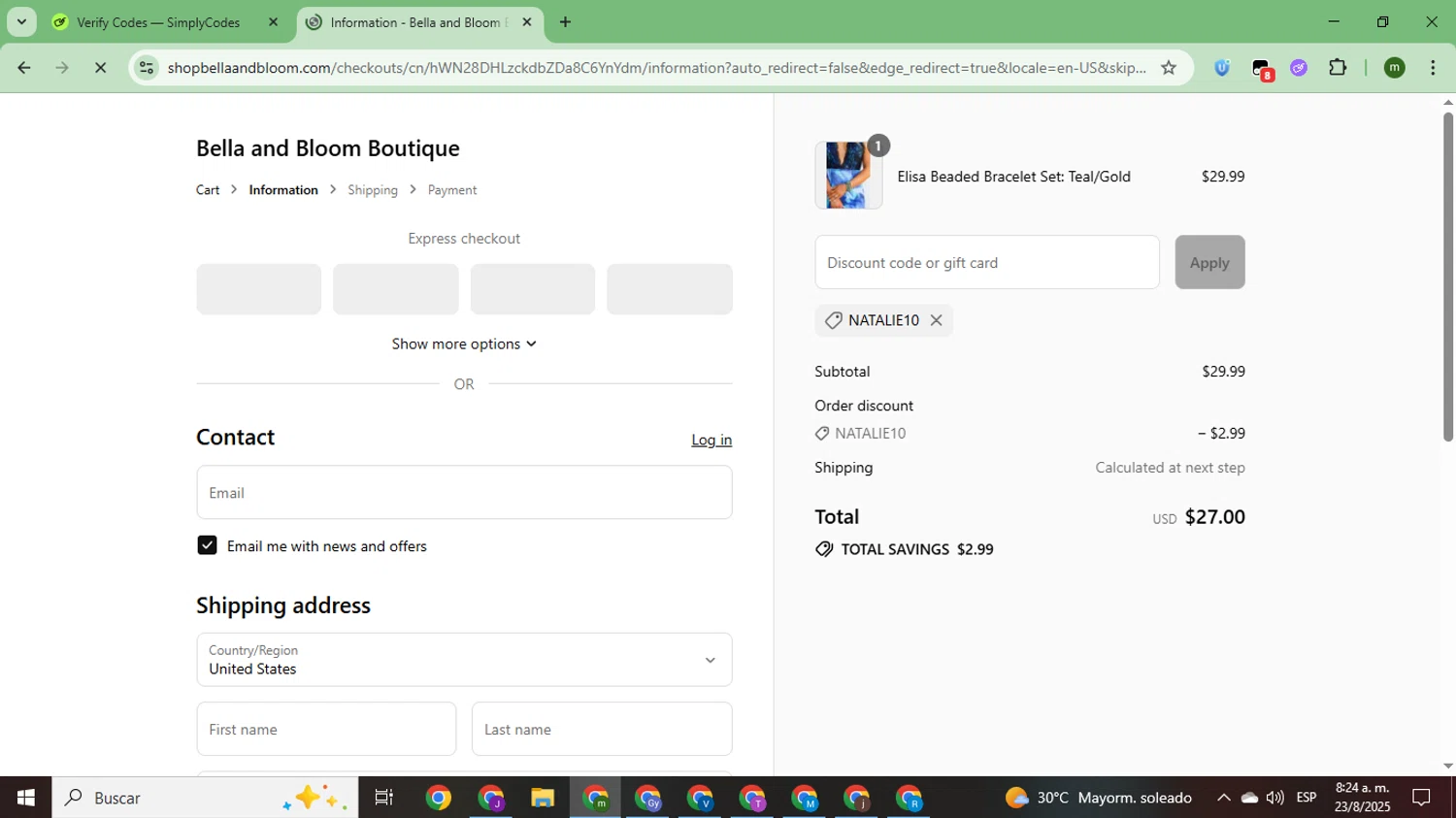Bella and Bloom discount code screenshot showing code NATALIE10 applied at Bella and Bloom checkout page. Uploaded by SimplyCodes community member CoinSage7057 on Aug 23, 2025