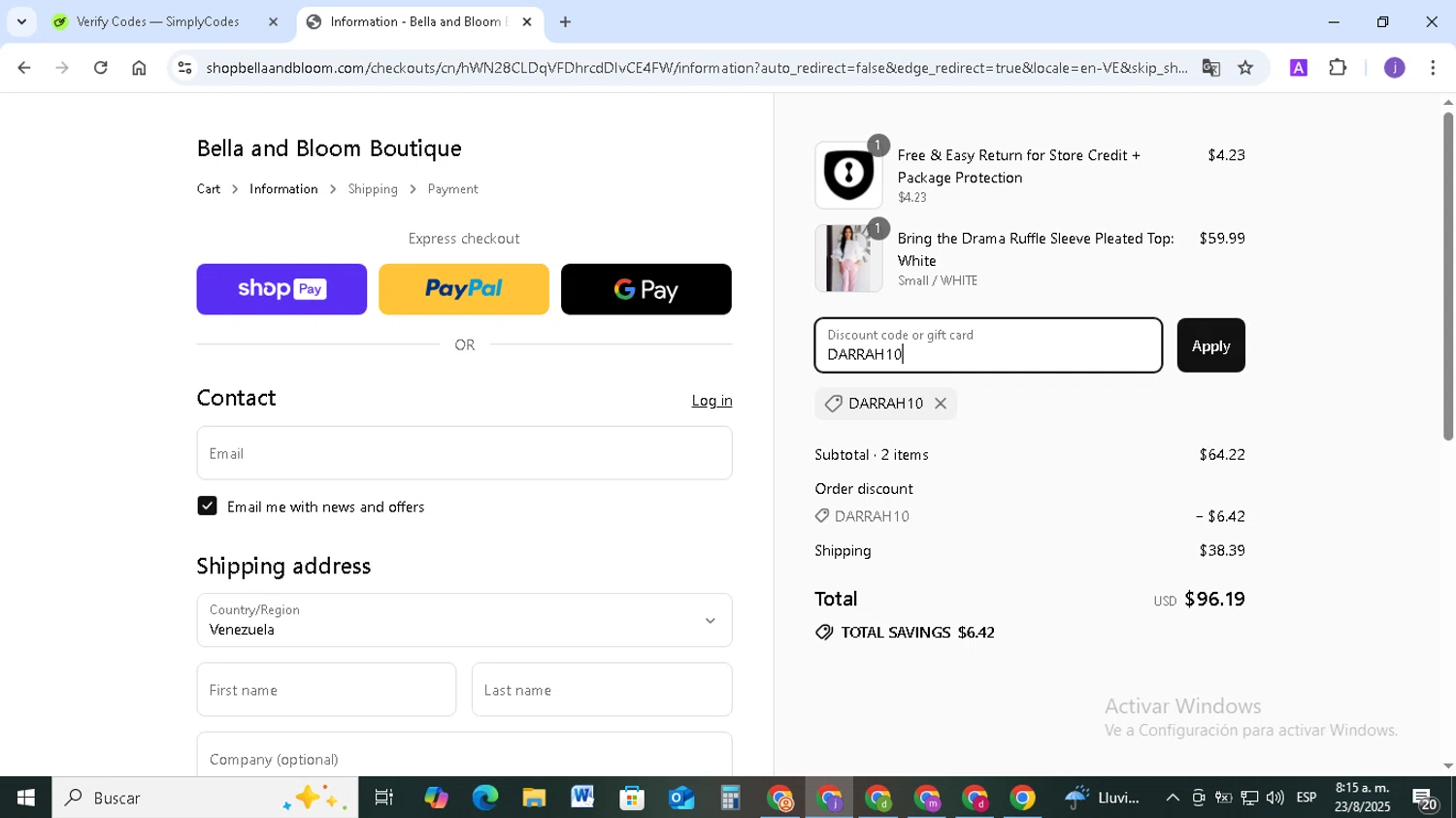 Bella and Bloom discount code screenshot showing code DARRAH10 applied at Bella and Bloom checkout page. Uploaded by SimplyCodes community member TAZ2024 on Aug 23, 2025