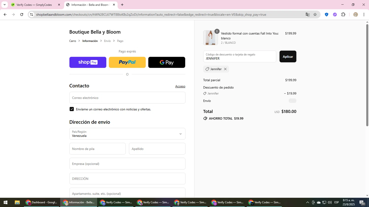 Bella and Bloom discount code screenshot showing code JENNIFER applied at Bella and Bloom checkout page. Uploaded by SimplyCodes community member NobleScholar4826 on Aug 23, 2025