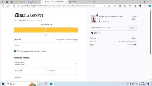 Bellabarnett checkout page showing Bellabarnett coupon code box | Screenshot taken by SimplyCodes community member on Apr 28, 2024