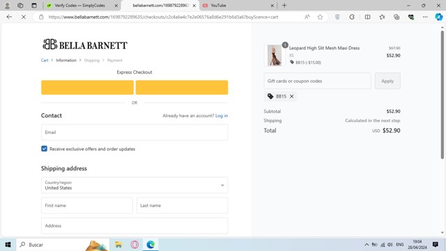 Bellabarnett checkout page showing Bellabarnett coupon code box | Screenshot taken by SimplyCodes community member on Apr 28, 2024