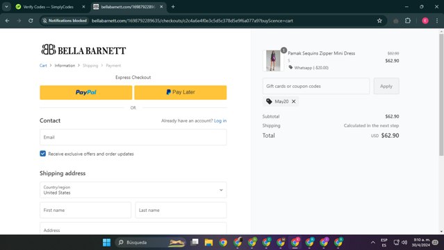 Bellabarnett checkout page showing Bellabarnett coupon code box | Screenshot taken by SimplyCodes community member on Apr 30, 2024