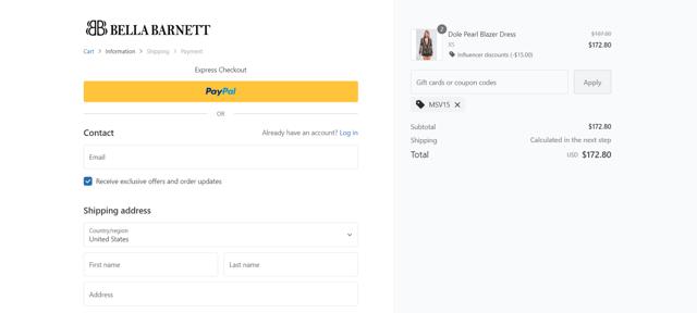 Bellabarnett checkout page showing Bellabarnett coupon code box | Screenshot taken by SimplyCodes community member on Apr 28, 2024