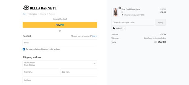 Bellabarnett checkout page showing Bellabarnett coupon code box | Screenshot taken by SimplyCodes community member on Apr 28, 2024