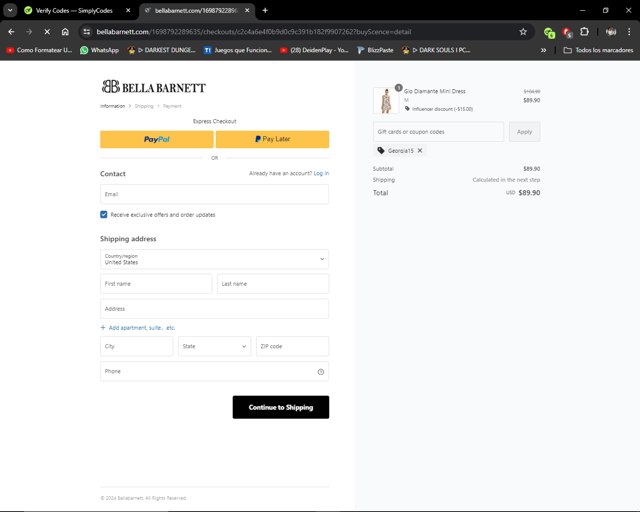 Bellabarnett checkout page showing Bellabarnett coupon code box | Screenshot taken by SimplyCodes community member on Apr 30, 2024