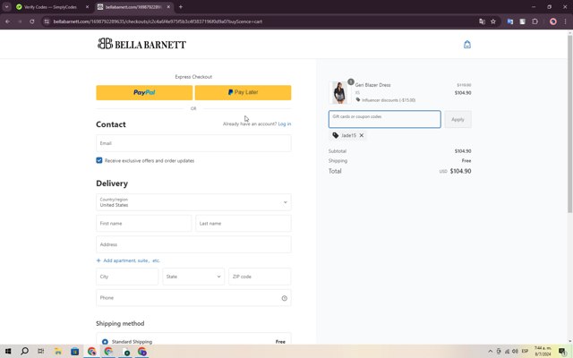 Bellabarnett checkout page showing Bellabarnett coupon code box | Screenshot taken by SimplyCodes community member on Jul 8, 2024
