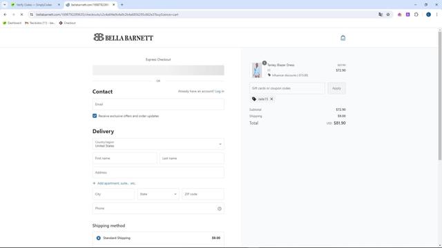 Bellabarnett checkout page showing Bellabarnett coupon code box | Screenshot taken by SimplyCodes community member on Jul 8, 2024