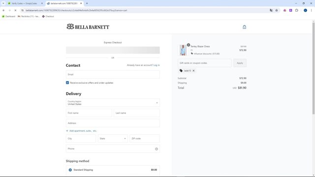 Bellabarnett checkout page showing Bellabarnett coupon code box | Screenshot taken by SimplyCodes community member on Jul 8, 2024