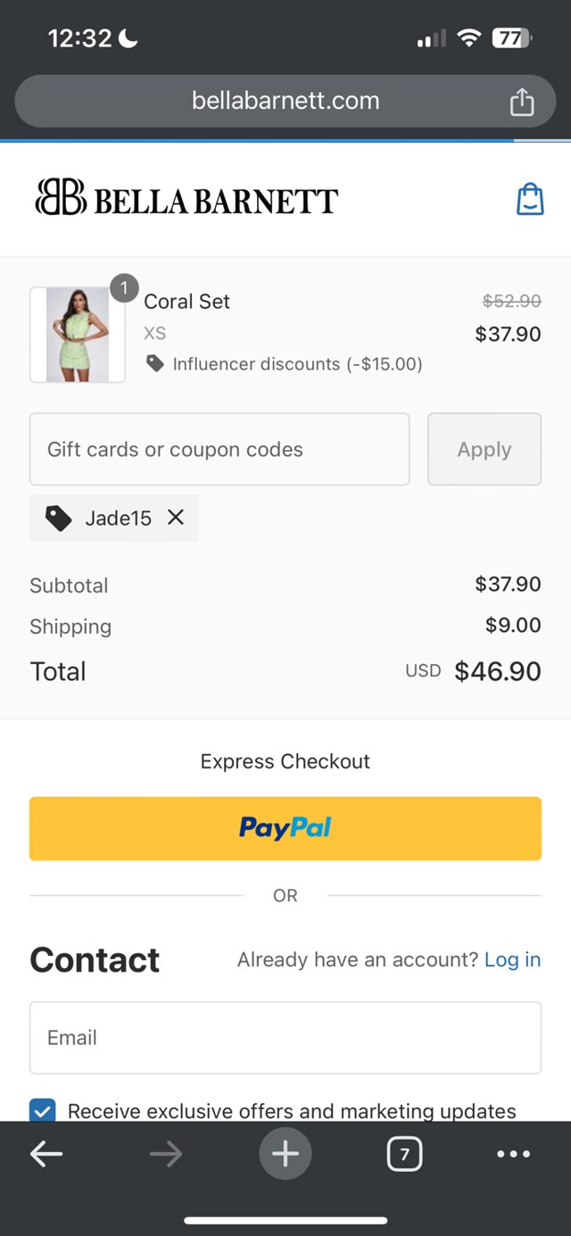 Bellabarnett checkout page showing Bellabarnett coupon code box | Screenshot taken by SimplyCodes community member on Jul 17, 2024
