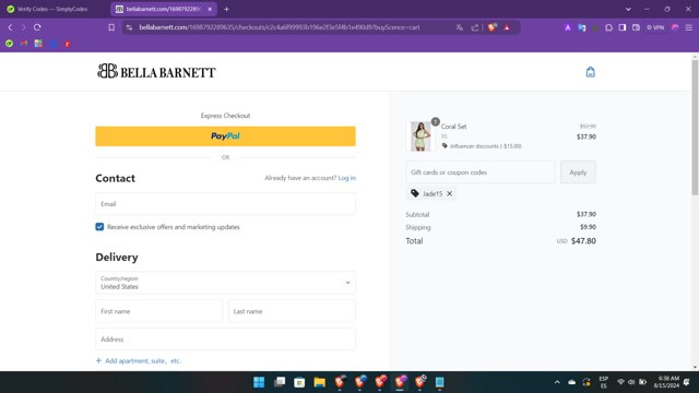 Bellabarnett checkout page showing Bellabarnett coupon code box | Screenshot taken by SimplyCodes community member on Aug 15, 2024