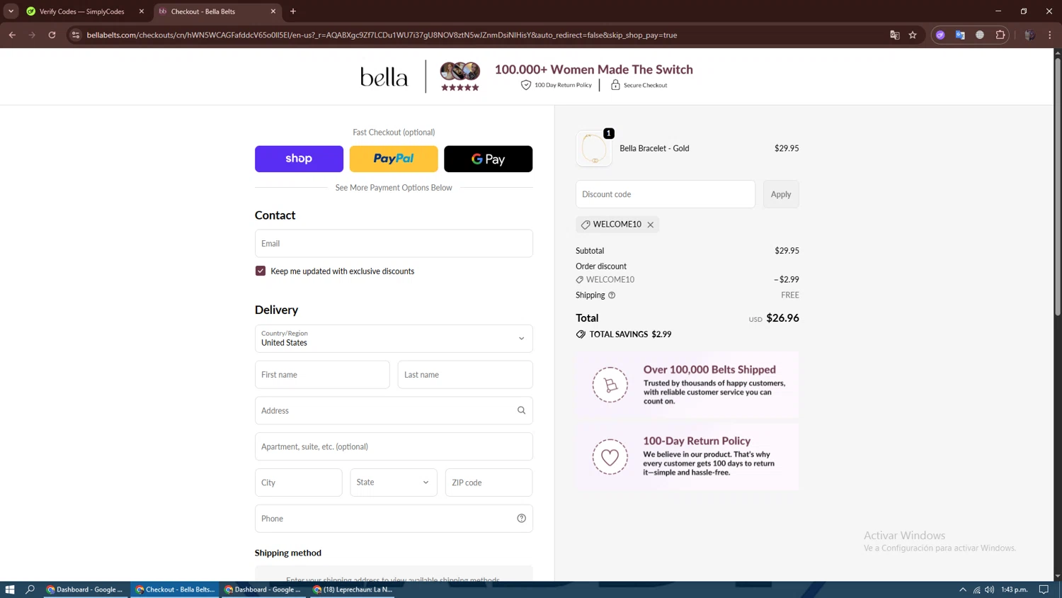 Bella Belts discount code screenshot showing code WELCOME10 applied at Bella Belts checkout page. Uploaded by SimplyCodes community member dennygomez on Nov 20, 2025