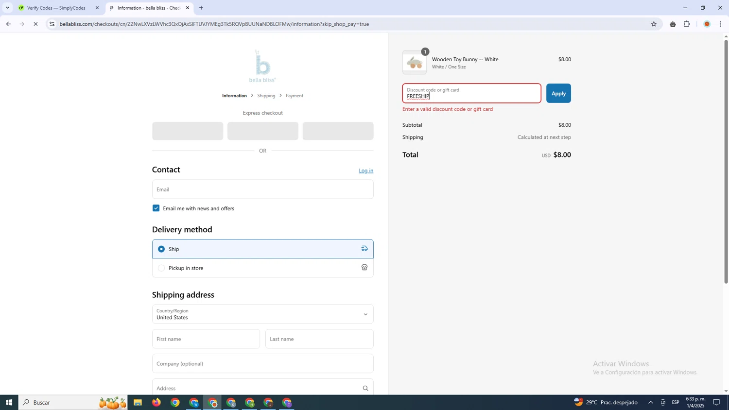 Bella Bliss promo code screenshot showing code FREESHIP applied at Bella Bliss checkout page. Uploaded by SimplyCodes community member ABUSAMADRES_ on Apr 1, 2025