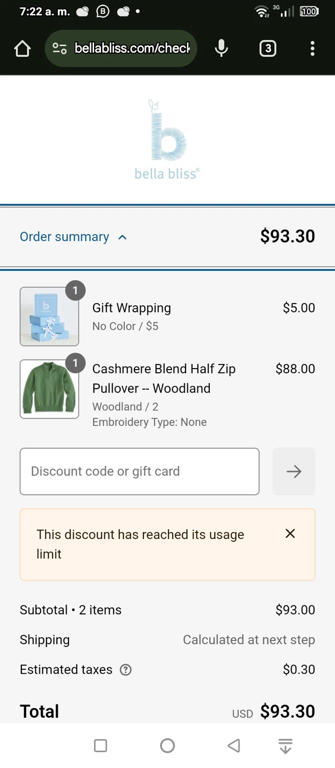 Bella Bliss promo code screenshot showing code ADBE2 applied at Bella Bliss checkout page. Uploaded by SimplyCodes community member jungrimar on Jan 22, 2025