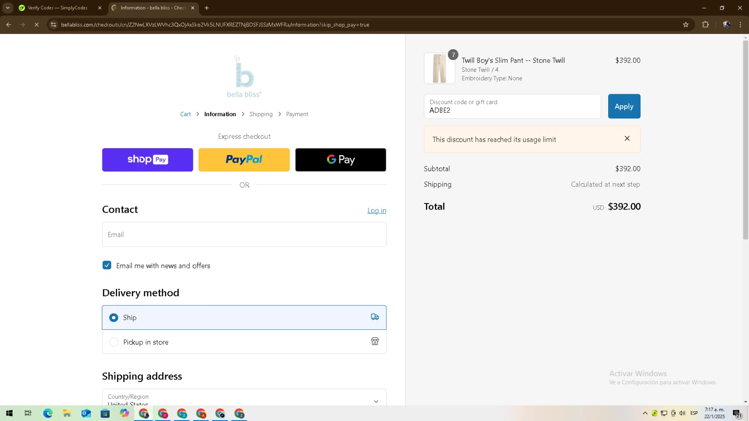 Bella Bliss promo code screenshot showing code ADBE2 applied at Bella Bliss checkout page. Uploaded by SimplyCodes community member zadquiel on Jan 22, 2025