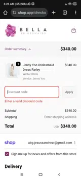 Bella Bridesmaids coupon verification screenshot
