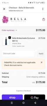 Bella Bridesmaids coupon verification screenshot