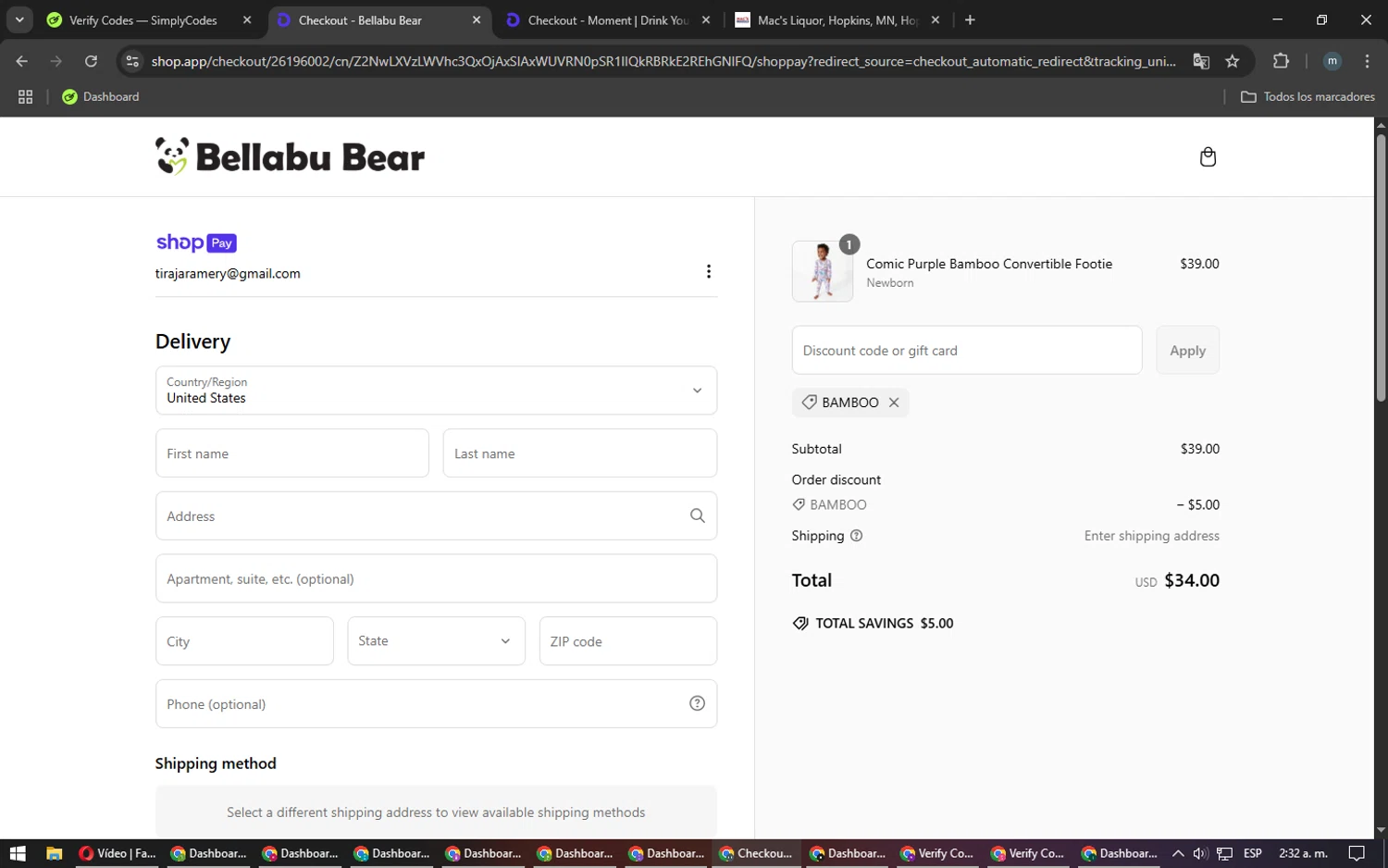 Bellabu Bear discount code screenshot showing code BAMBOO applied at Bellabu Bear checkout page. Uploaded by SimplyCodes community member CoinHunter3841 on Mar 11, 2025