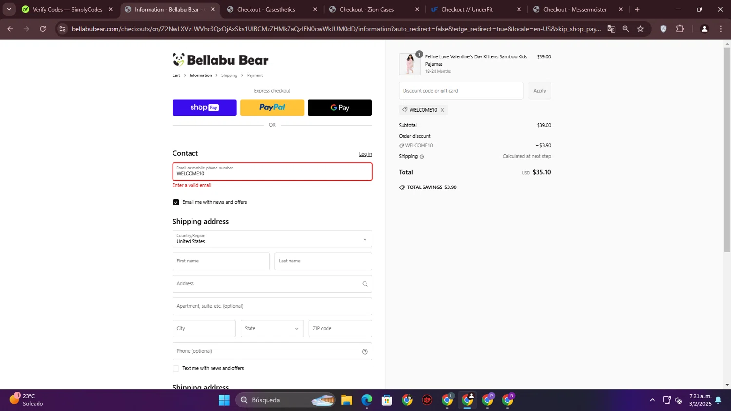 Bellabu Bear discount code screenshot showing code WELCOME10 applied at Bellabu Bear checkout page. Uploaded by SimplyCodes community member ElCazarecompensas on Feb 3, 2025
