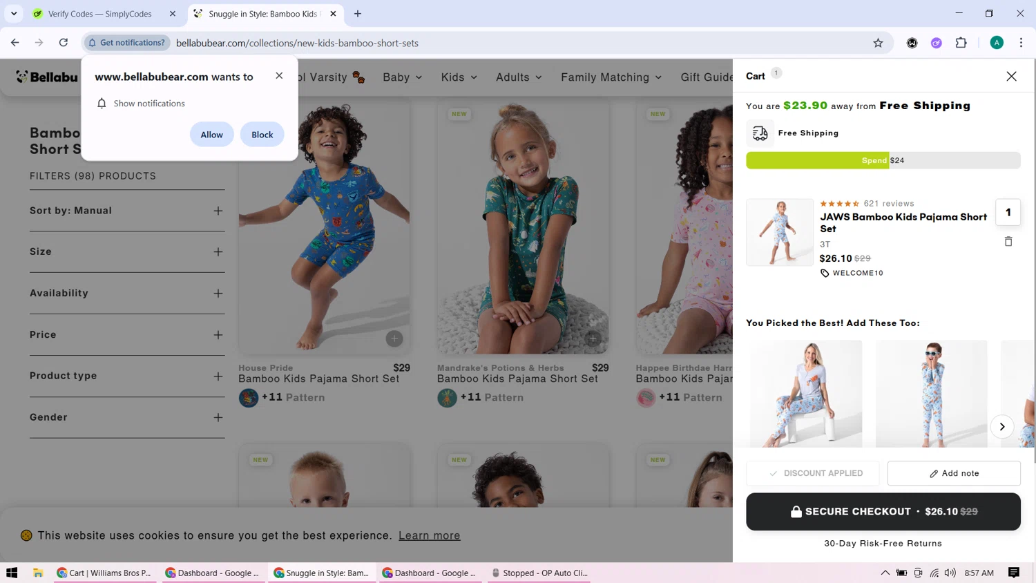 Bellabu Bear discount code screenshot showing code WELCOME10 applied at Bellabu Bear checkout page. Uploaded by SimplyCodes community member ShieldHunter3846 on Aug 7, 2025
