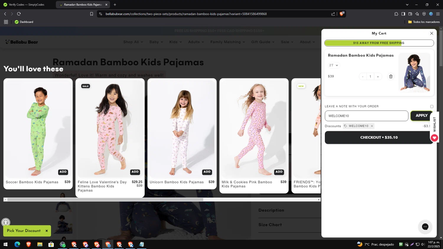 Bellabu Bear discount code screenshot showing code WELCOME10 applied at Bellabu Bear checkout page. Uploaded by SimplyCodes community member MagnificentAce6663 on Feb 22, 2025