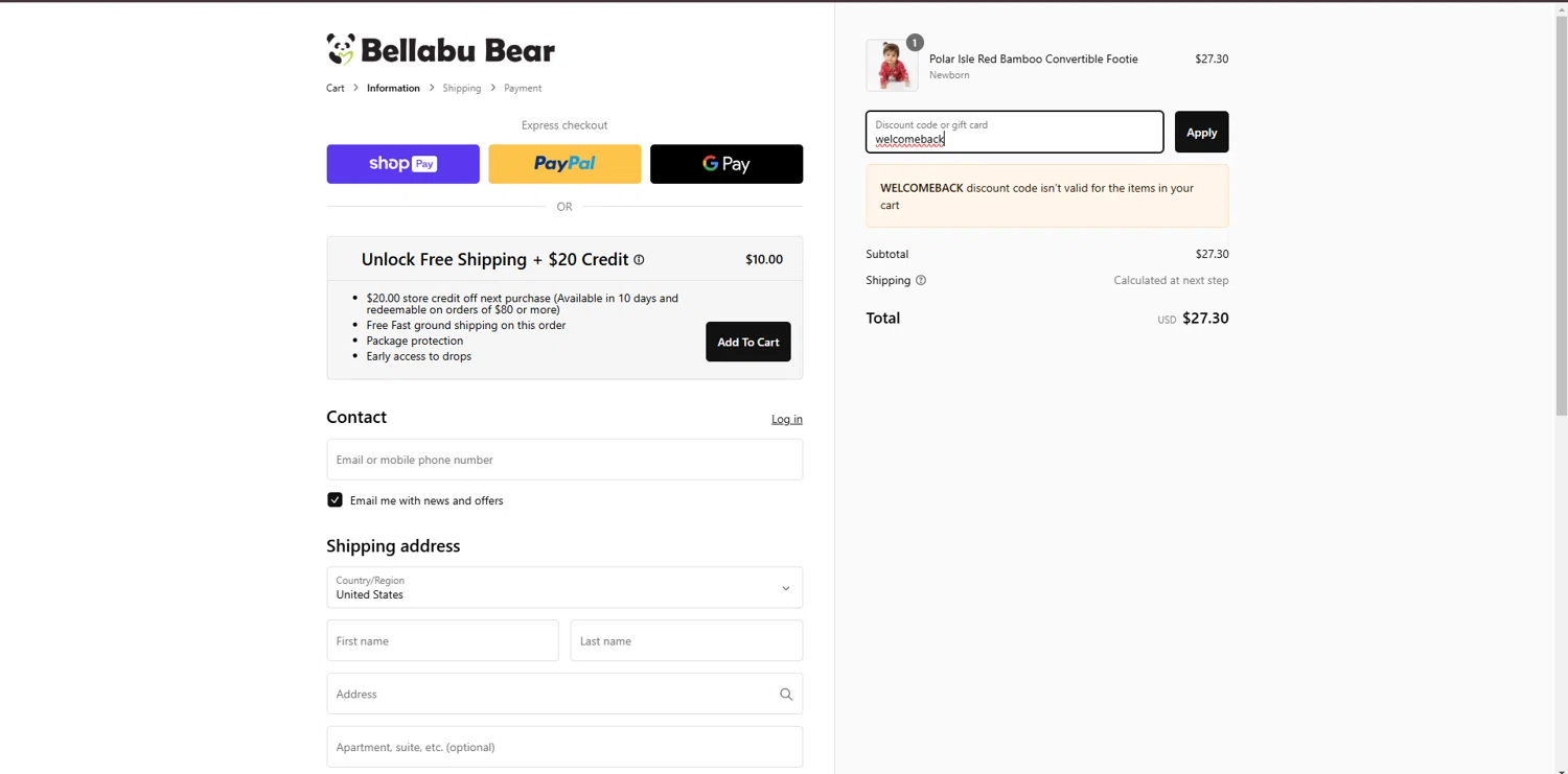 Bellabu Bear discount code screenshot showing code welcomeback applied at Bellabu Bear checkout page. Uploaded by SimplyCodes community member ShieldTiger926 on Feb 14, 2025