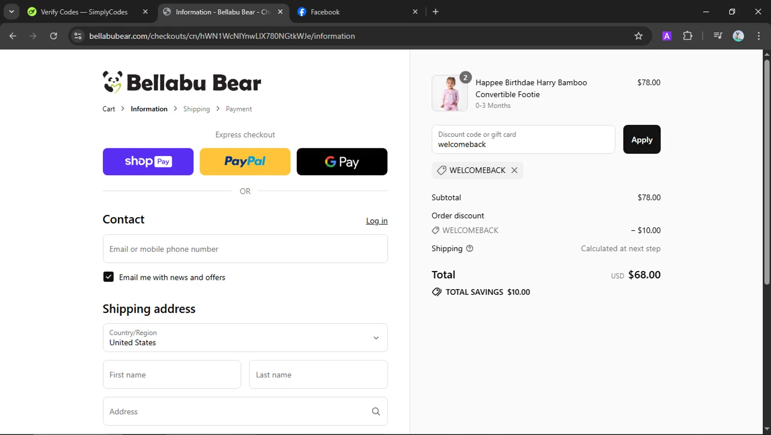 Bellabu Bear discount code screenshot showing code welcomeback applied at Bellabu Bear checkout page. Uploaded by SimplyCodes community member SilverSeeker255 on Aug 7, 2025