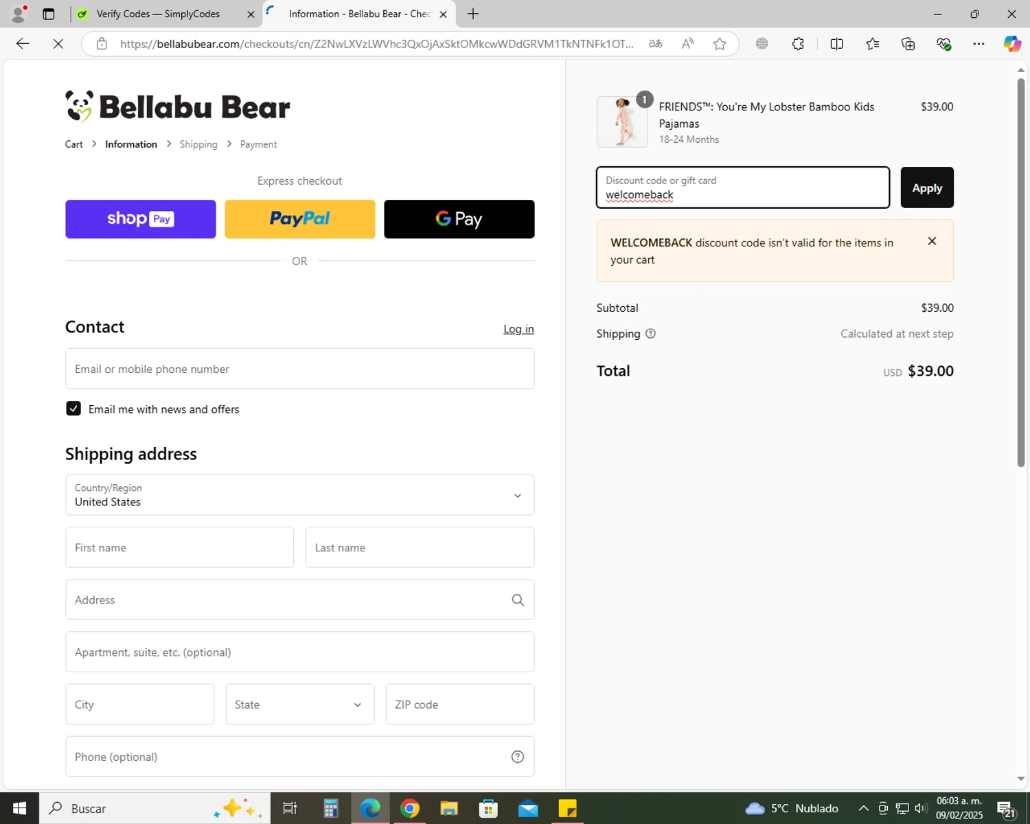 Bellabu Bear discount code screenshot showing code welcomeback applied at Bellabu Bear checkout page. Uploaded by SimplyCodes community member jhoanDepp on Feb 9, 2025