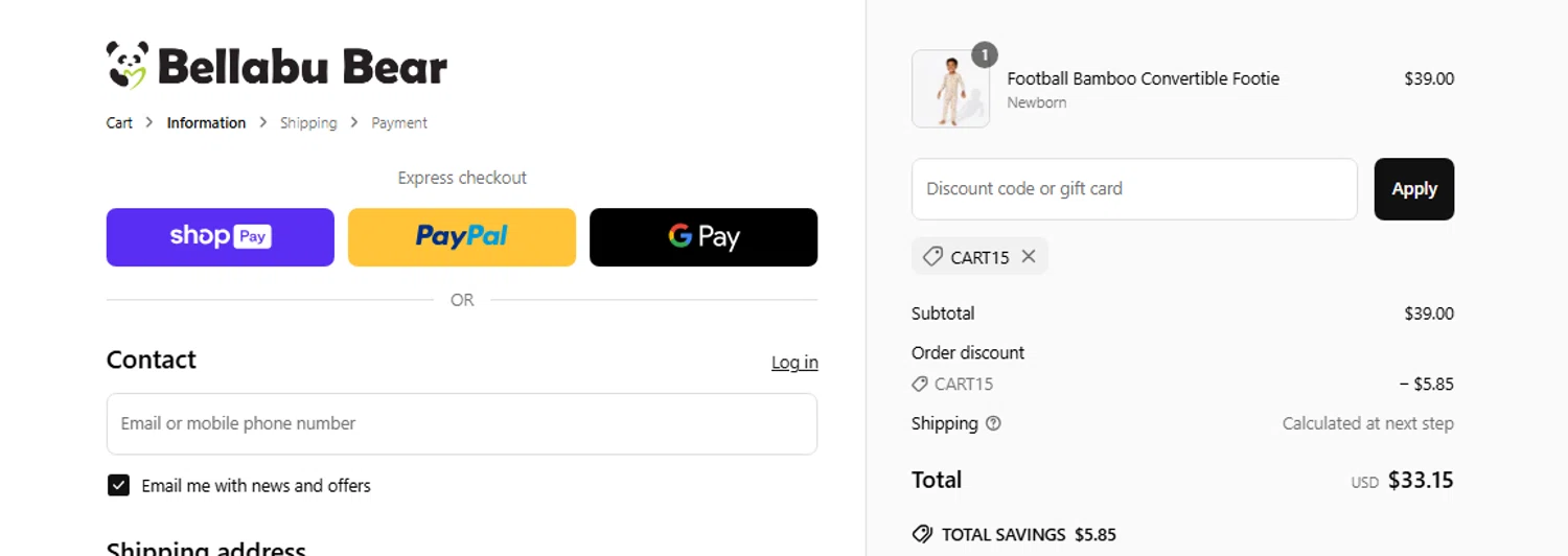 Bellabu Bear discount code screenshot showing code CART15 applied at Bellabu Bear checkout page. Uploaded by SimplyCodes community member Jhonny on Mar 26, 2025