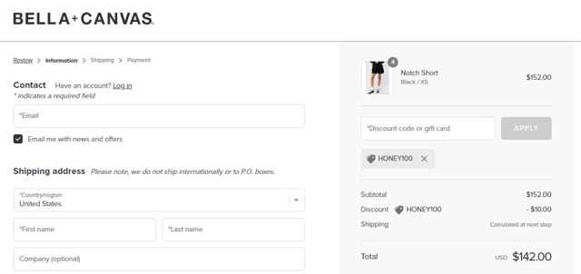 Bella Canvas checkout page showing Bella Canvas coupon code box | Screenshot taken by SimplyCodes community member on Dec 5, 2023