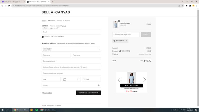 Bella Canvas checkout page showing Bella Canvas coupon code box | Screenshot taken by SimplyCodes community member on Dec 5, 2023