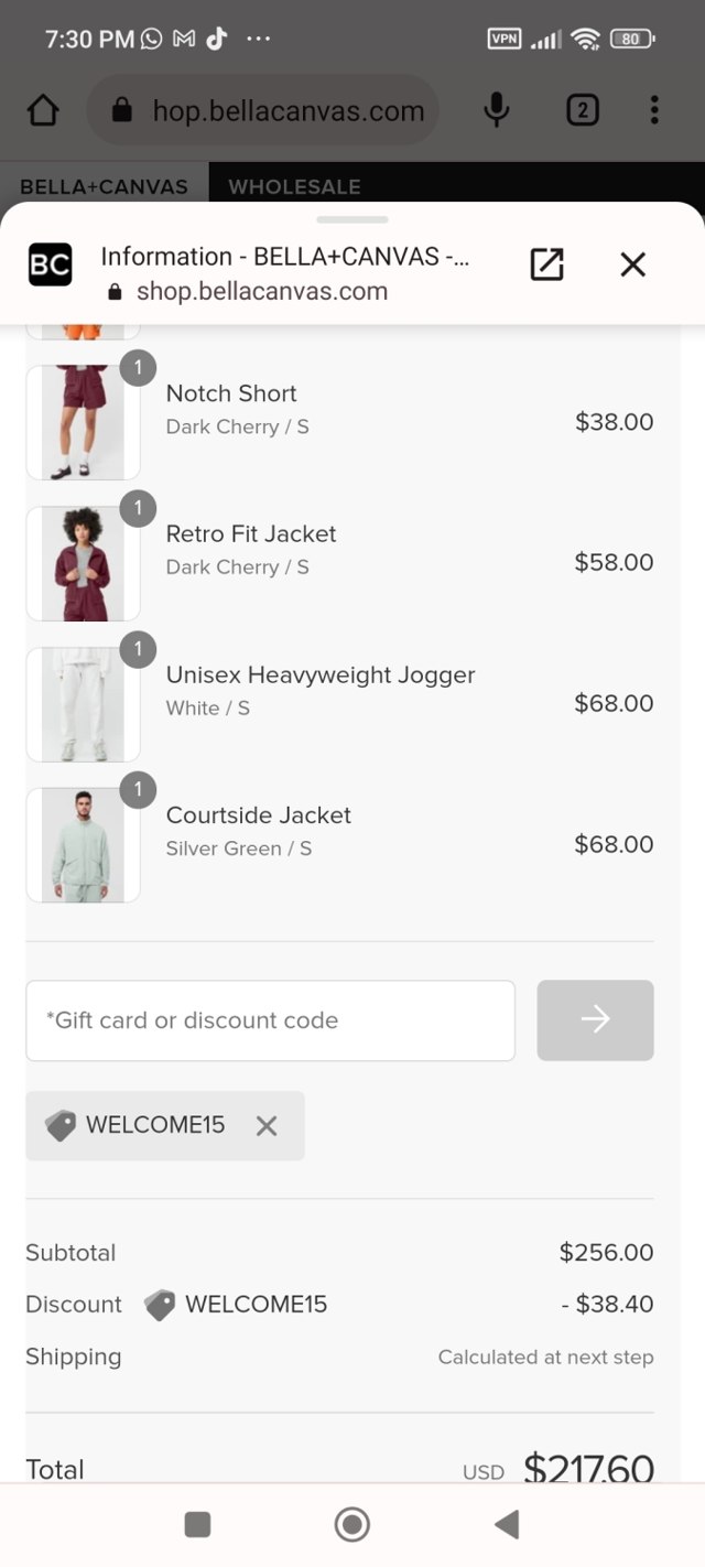 Bella Canvas checkout page showing Bella Canvas coupon code box | Screenshot taken by SimplyCodes community member on Aug 16, 2023