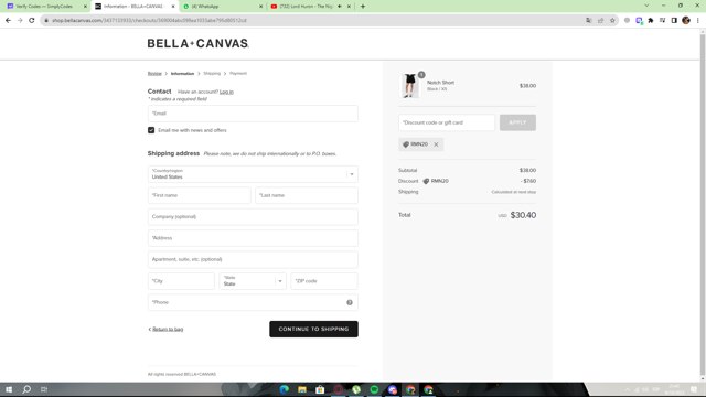 Bella Canvas checkout page showing Bella Canvas coupon code box | Screenshot taken by SimplyCodes community member on Oct 10, 2023