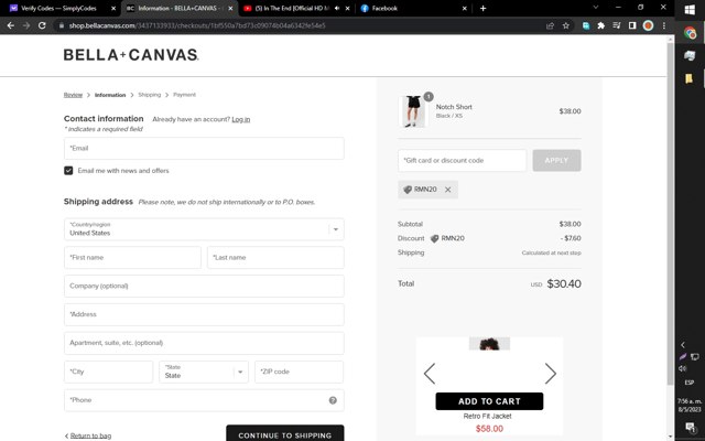 Bella Canvas checkout page showing Bella Canvas coupon code box | Screenshot taken by SimplyCodes community member on May 8, 2023