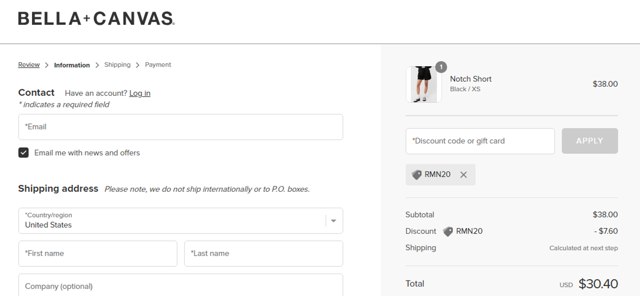 Bella Canvas checkout page showing Bella Canvas coupon code box | Screenshot taken by SimplyCodes community member on Dec 5, 2023