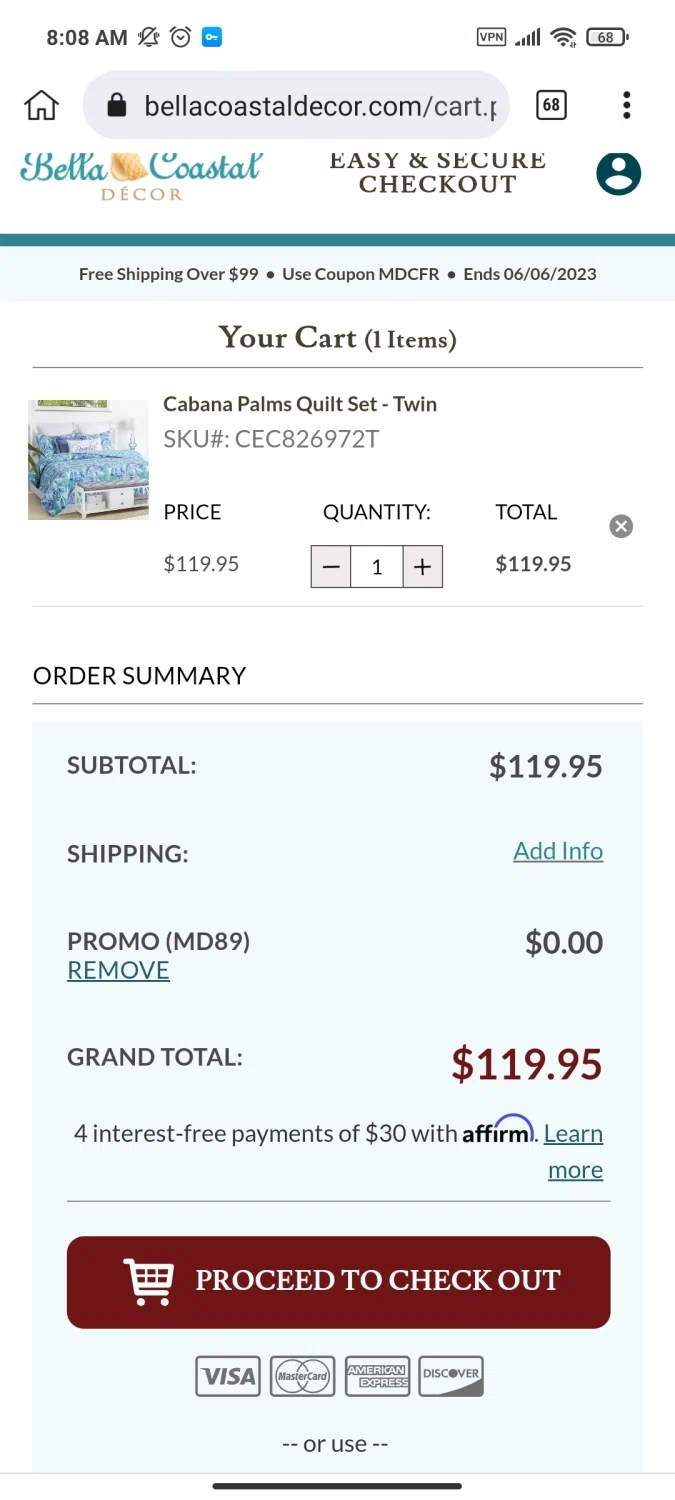 where to use Bella Coastal Decor promo code box