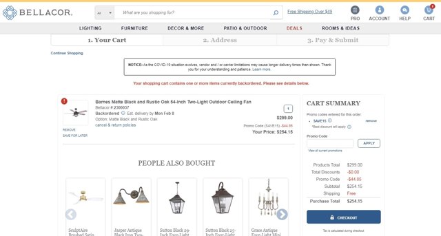 Bellacor checkout page showing Bellacor promo code box | Screenshot taken by SimplyCodes community member on Dec 17, 2020