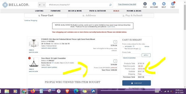 Bellacor checkout page showing Bellacor promo code box | Screenshot taken by SimplyCodes community member on Dec 29, 2020