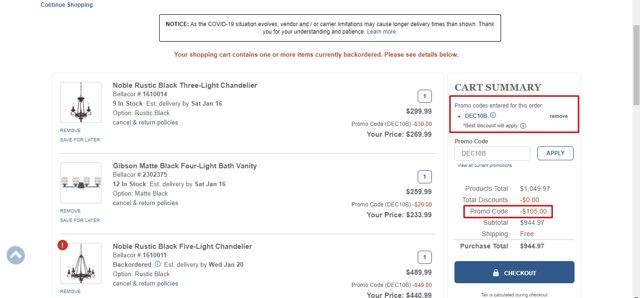 Bellacor checkout page showing Bellacor promo code box | Screenshot taken by SimplyCodes community member on Dec 28, 2020