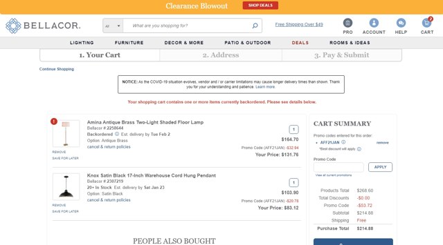 Bellacor checkout page showing Bellacor promo code box | Screenshot taken by SimplyCodes community member on Jan 15, 2021