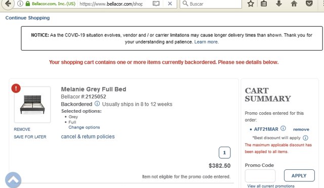 Bellacor checkout page showing Bellacor promo code box | Screenshot taken by SimplyCodes community member on Mar 10, 2021