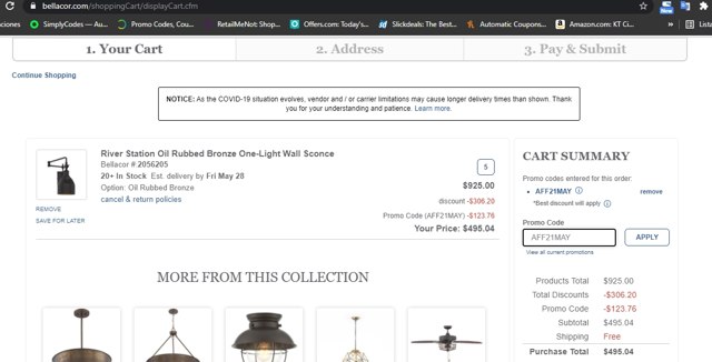 Bellacor checkout page showing Bellacor promo code box | Screenshot taken by SimplyCodes community member on May 17, 2021
