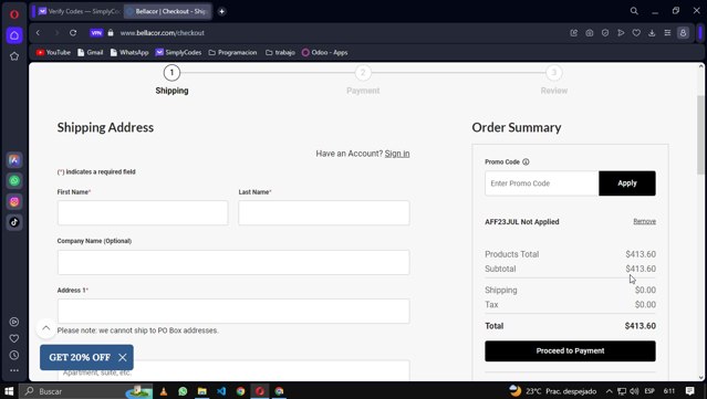Bellacor checkout page showing Bellacor promo code box | Screenshot taken by SimplyCodes community member on Jul 17, 2023