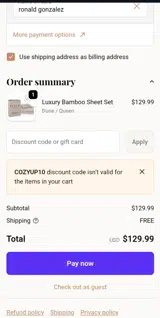 COZYUP10 coupon verification screenshot
