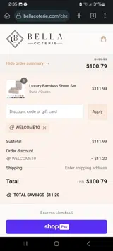 WELCOME10 coupon verification screenshot