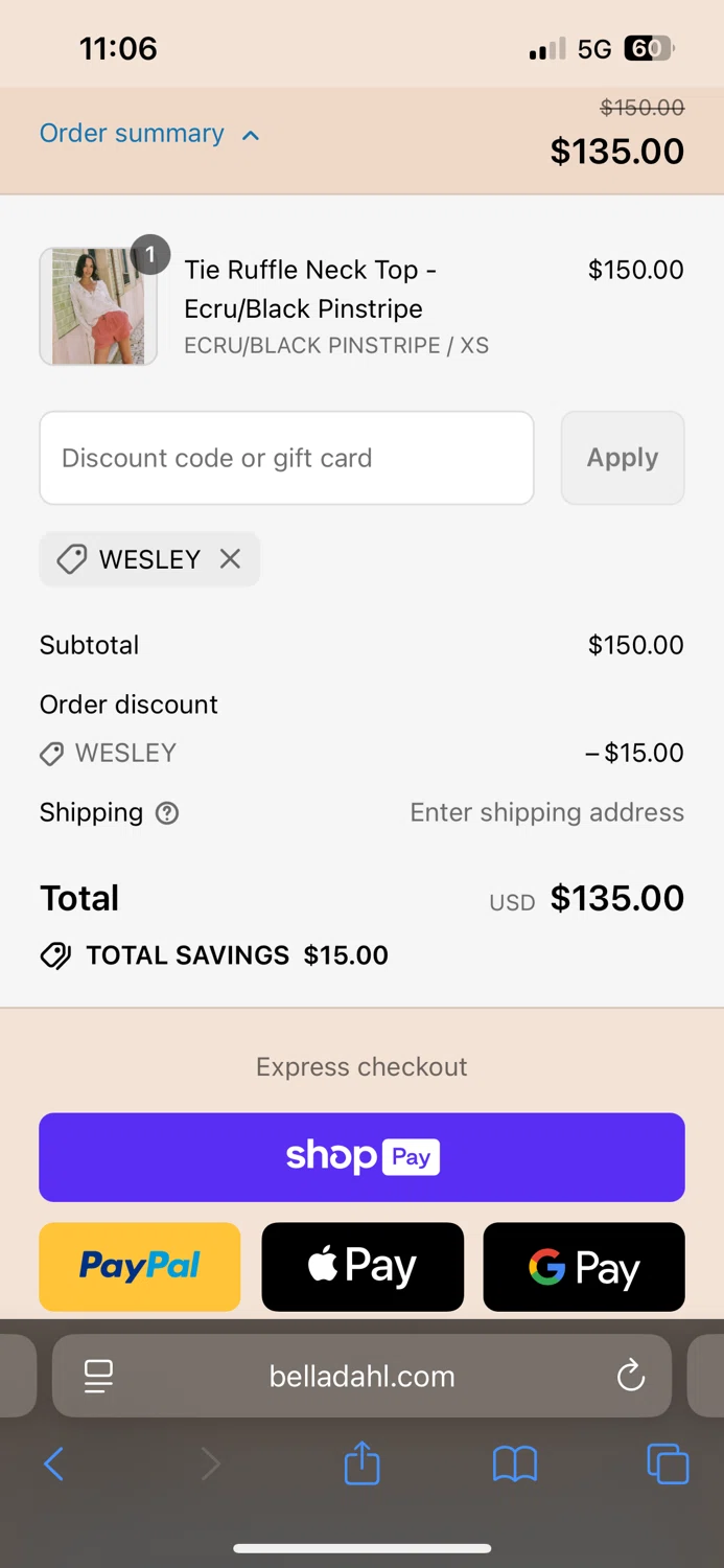Bella Dahl coupon code screenshot showing code WESLEY applied at Bella Dahl checkout page. Uploaded by SimplyCodes community member carlstrike on Jul 13, 2025